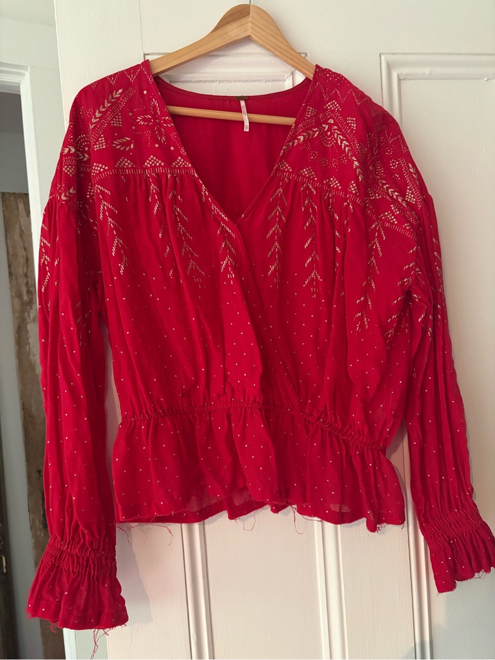 Free People Red Peasant Blouse with Metallic Accents